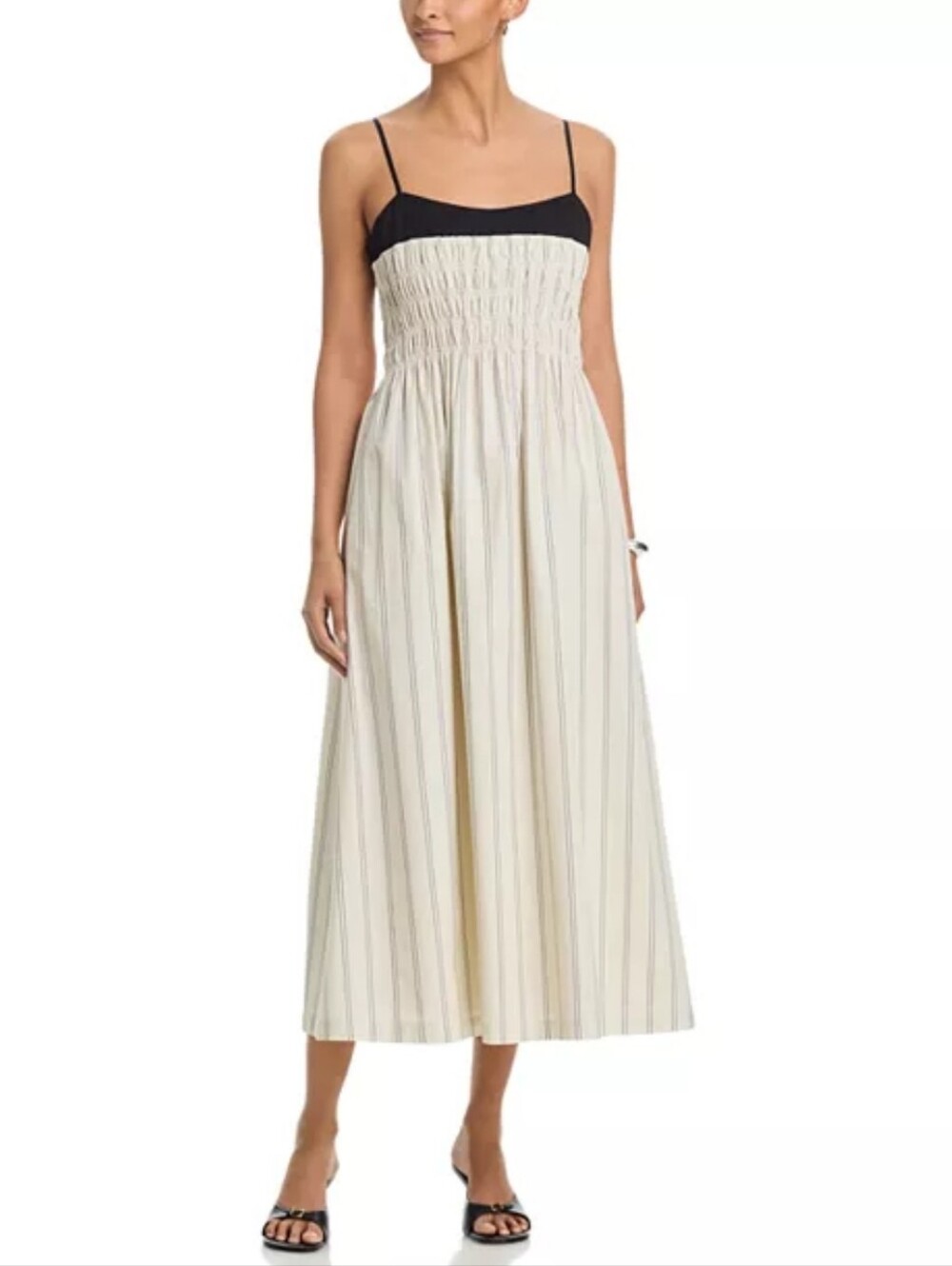 New RAILS Primeose Black & Cream Striped Smocked Midi Dress With Pockets.